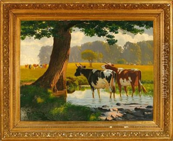 Cattle At A Pond Oil Painting - Niels Fristrupp