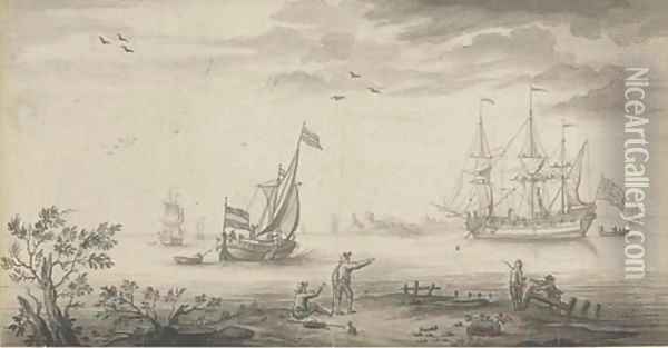 An English man-o'war and a Dutch smalschip at the mouth of the estuary Oil Painting - Willem van de Velde the Younger