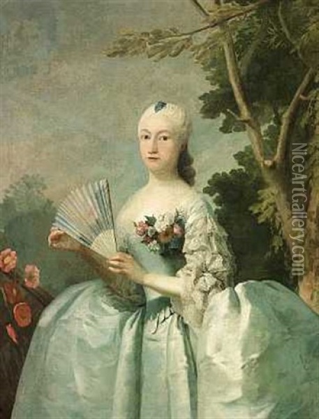 Birgitte Von Stampe I Mintgron Selskabskjole, I Handen Holder Hun En Vifte Oil Painting - Johan Hoerner