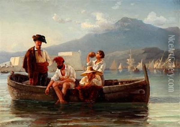 Four Italians In A Rowboat With Sailing Ships And Mountains In The Background Oil Painting - Daniel Hermann Anton Melbye