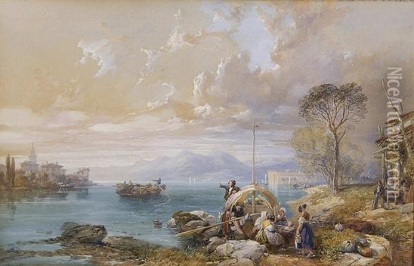 Italian Lake Scene With Boats And Figures Oil Painting - Thomas Miles Richardson
