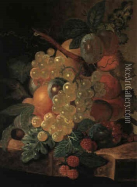 Still Life With Plums, Grapes, Peaches, Raspberries And     Currants On A Ledge Oil Painting - Cornelis De Bruyn