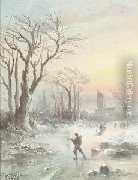 Figures Skating On A Frozen Lake; Figures Walking Down A Wooded Path Oil Painting - Felice A. Rezia