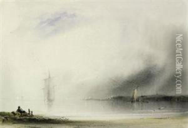 Shipping At Dusk Oil Painting - John Le Capelain