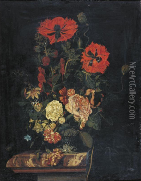 Still Life With Poppies, Roses, Carnations And Other Flowers In A Vase Resting On A Marble-top Table Oil Painting - Nicolaes Lachtropius