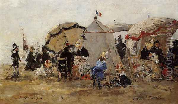 Woman and Children on the Beach at Trouville I Oil Painting - Eugene Boudin