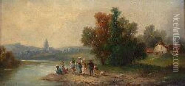 Figures On The Banks Of A River Oil Painting - Arthur Schott