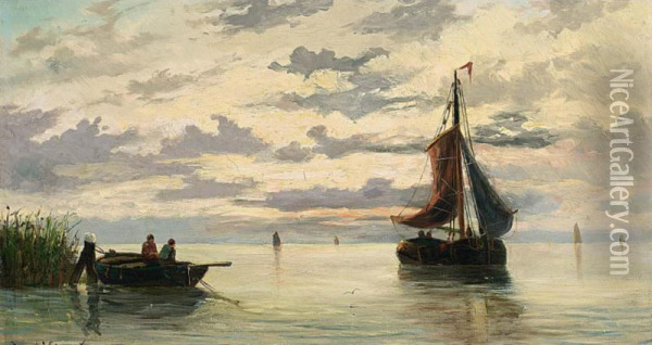 Boats In An Estuary Oil Painting - Willem Jun Gruyter