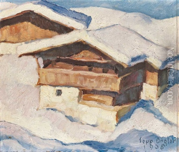 Wintersonne. Heustadl In Winterlicher Landschaft Oil Painting - Sepp Orgler