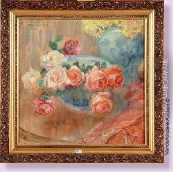 Le Bol De Roses Et Les Chrysanthemes D'ete Oil Painting - Flore Vindevogel-Geleedts