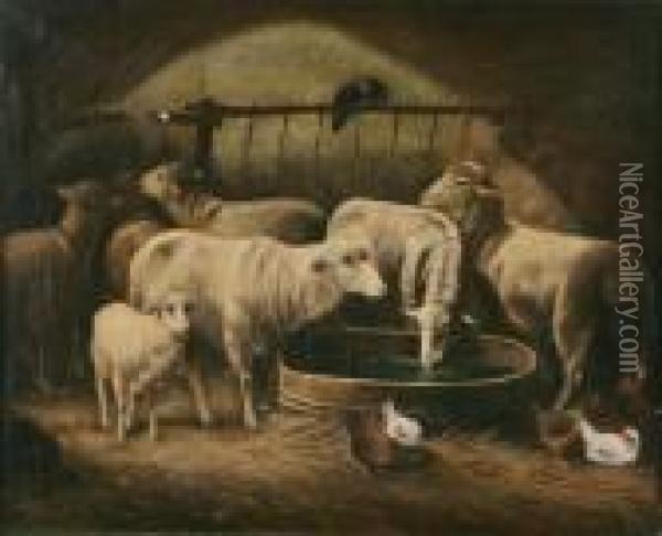 Sheep And Chickens In The Stable Oil Painting - Paul Henry Schouten