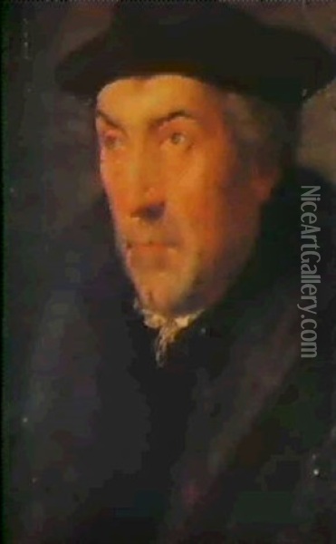 Portrait Of A Gentleman, Bust Length, Wearing A Grey Tunic  With Fur Collar, And A Black Cap Oil Painting - Dirck Barendsz