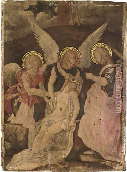 The body of Christ supported by two angels, Saint John the Evangelist to the right Oil Painting - Florentine School