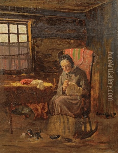 An Old Woman Sewing Oil Painting - John Joseph Enneking
