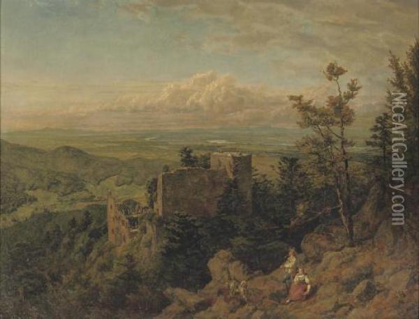 Die Burgruine Hohenbaden: Looking Out Over The Rhein Valley, Baden Baden Oil Painting - Hans Thoma
