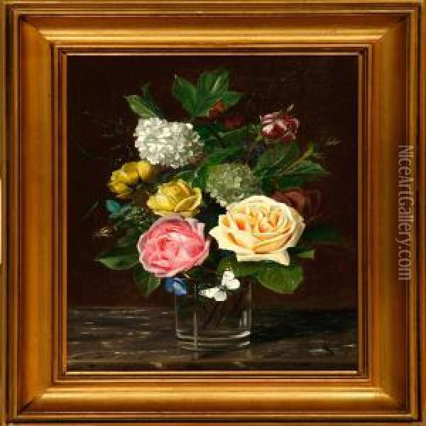 Still Life With Roses And Lilacs In A Vase On A Table Oil Painting - Laura O.A. Sarauw
