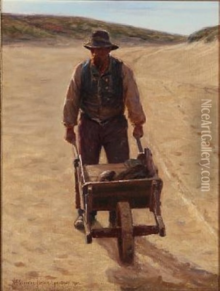 A Fisherman With A Wheelbarrow Oil Painting - Niels Frederik Schiottz-Jensen