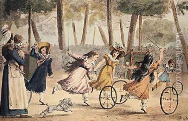 Girls playing hoop in the Luxembourg gardens Oil Painting - Jean Henri Marlet