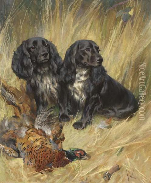 Spaniels With A Cock Pheasant Oil Painting - Arthur Wardle
