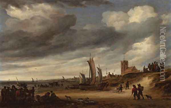 The beach at Egmond-aan-Zee, with figures and boats on the shore Oil Painting - Salomon van Ruysdael