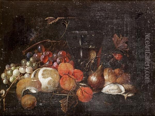 A Still Life Of Grapes, A Peeled Lemon Andapricots On A Silver Dish, A Roemer Of White Wine, Figs, Oysters,blackberries And A Bread Roll With A Snail On A Stone Ledge Oil Painting - Jan Pauwel Gillemans The Elder