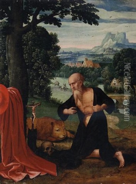 The Penitent Saint Jerome In An Extensive River Landscape Oil Painting -  Master of the Female Half Lengths