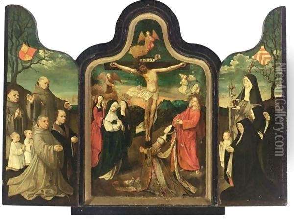 A Triptych Central Panel The Crucifixion, Left Wing Saint Francis With Male Donors, Right Wing Saint Barbara With Female Donors Oil Painting - Jacob Cornelisz Van Oostsanen