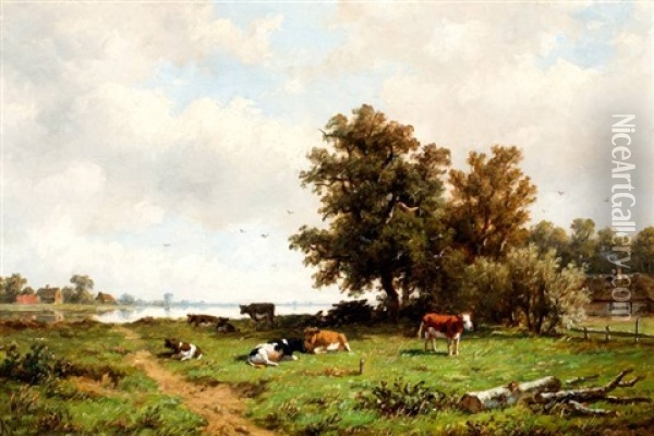 Koeien In Zomerse Weide Aan Een Plas Oil Painting - Anthonie Jacobus van Wijngaerdt