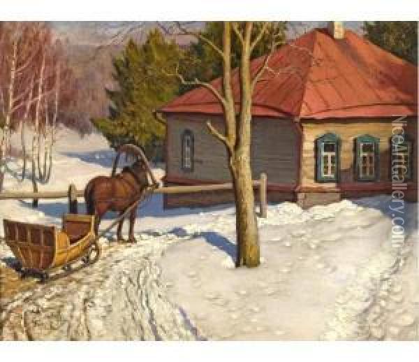 Paysage Russe Sous La Neige. Oil Painting - Michail Markianovic Germasev
