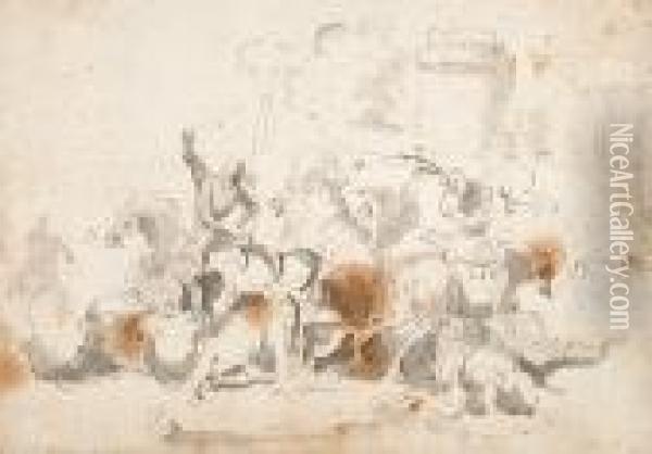 Cavalrymen In Battle Oil Painting - Jacques Courtois Le Bourguignon