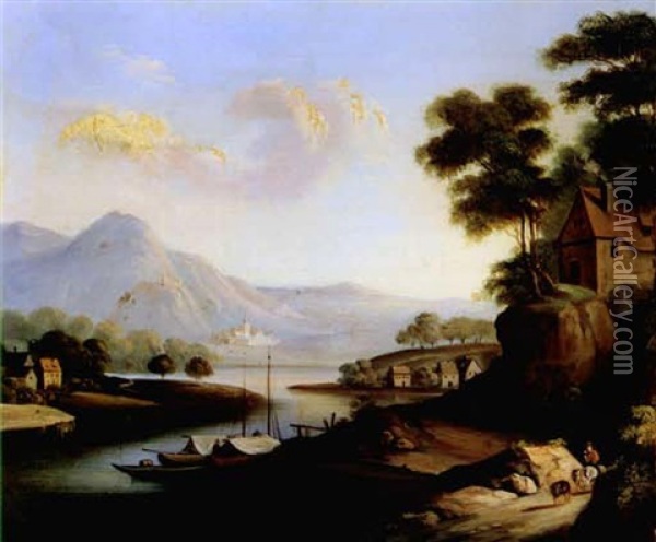 Landschaft Mit Fluss, Schiffern, Gebirge Und Burgen Oil Painting - Johann Heinrich Stobwasser