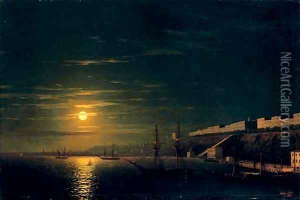 A moonlit view of Odessa from the Black Sea Oil Painting - Ivan Konstantinovich Aivazovsky