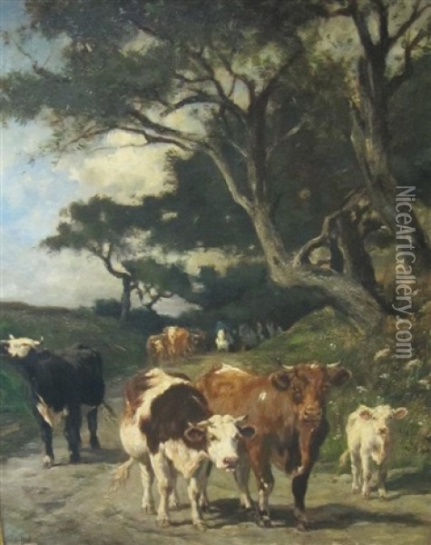 Cattle On A Track Oil Painting - Marie Dieterle