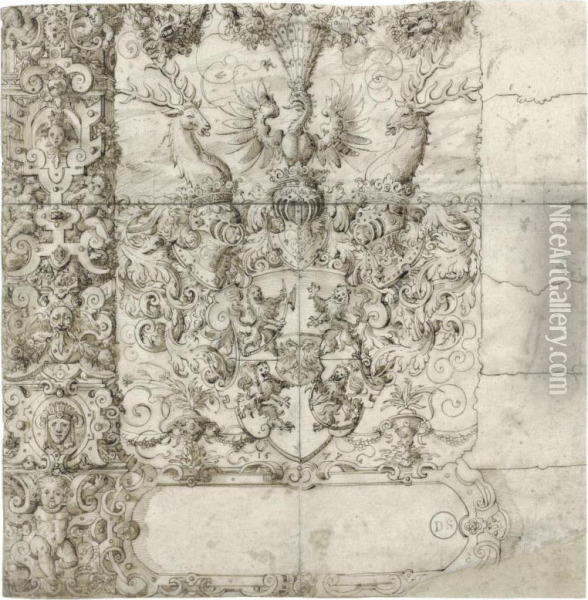 The Arms Of Zimmern Within An Elaborate Strapwork Design Withputti Oil Painting - Jost Amman