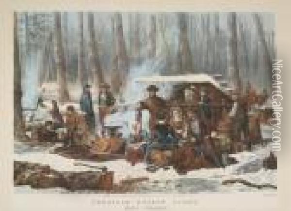American Forest Scene: Maple Sugaring Oil Painting - Currier & Ives Publishers