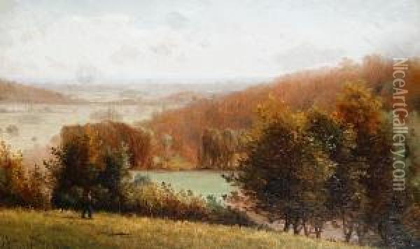 A Traveller In An Autumnal Landscape Oil Painting - James Aumonier