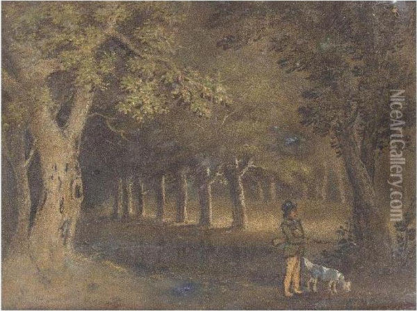 A Hunter On A Woodland Path; A Ram; A Goat Oil Painting - Benjamin Zobel