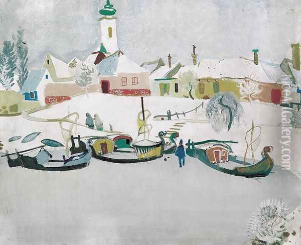 Village at the Bank of a Frozen River Oil Painting - Endre Vadasz
