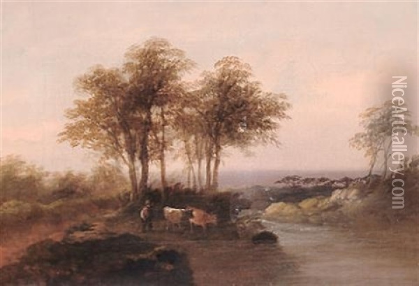 Landscape With Drover And Cattle Oil Painting - George Shalders