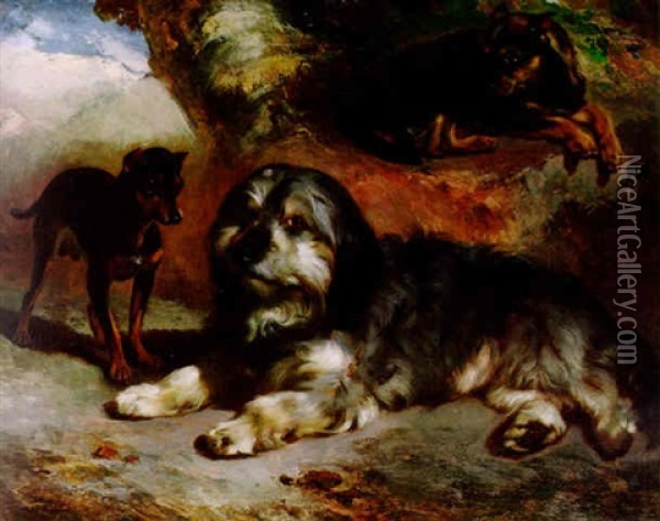 Faithful Friends, A Border Collie And Two Terriers In A Landscape Oil Painting - William Huggins