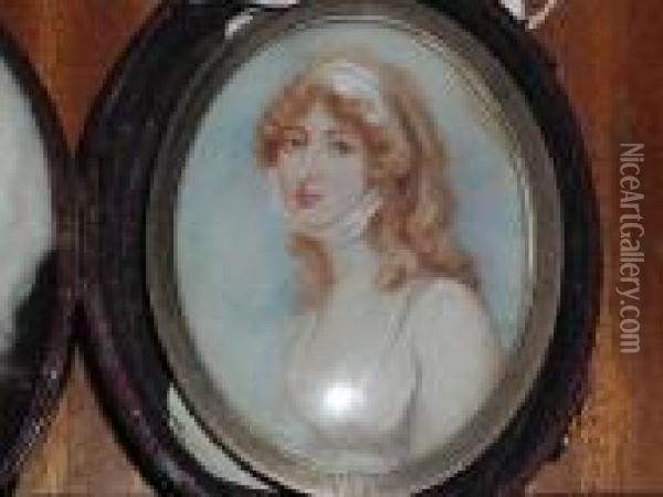 A Miniature Portrait Of A Lady, 
Wearing A White Bandeau Tied Beneath Her Chin And Decollete White Dress Oil Painting - Andrew Plimer