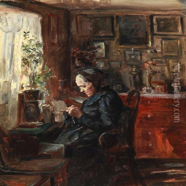 Interior With A Woman Who Knits Oil Painting - Knud Larsen