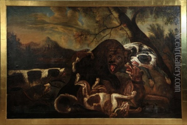 Barenjagd Mit Angreifenden Hunden, Im Hintergrund Jager Vor Burg In Felsiger Landschaft Oil Painting - Angelo Maria (Crivellone) Crivelli
