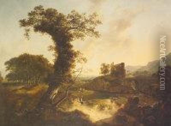 An Extensive Wooded Landscpae 
With A Milk Maid In The Foreground, A Ruin And The Coast Beyond Oil Painting - James Arthur O'Connor