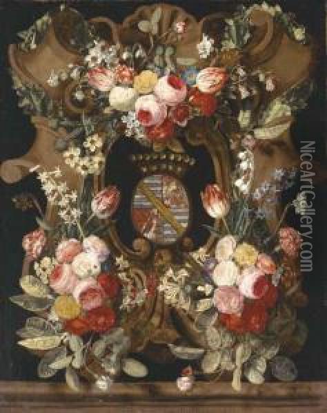 A Garland Of Roses, Carnations, 
Snowdrops, Honeysuckle, Morningglory And Other Flowers Around A Stone 
Cartouche With Acoat-of-arms Oil Painting - Carstiaen Luyckx