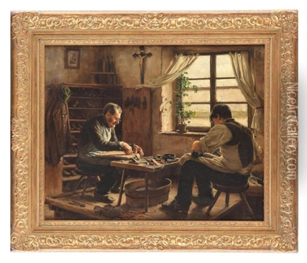 Cobblers In A Workshop Oil Painting - Edgar Melville Ward