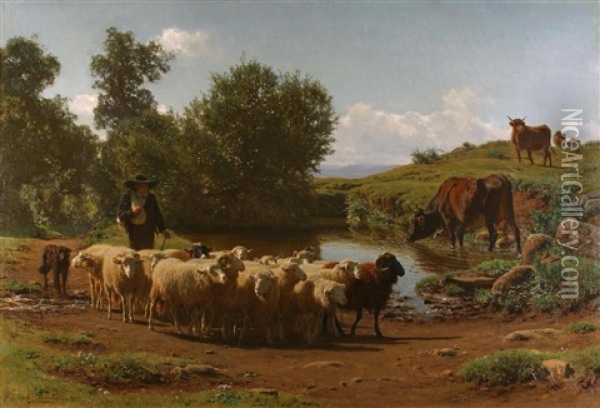 The Shepherd And His Flock Oil Painting - Auguste (Francois Auguste) Bonheur