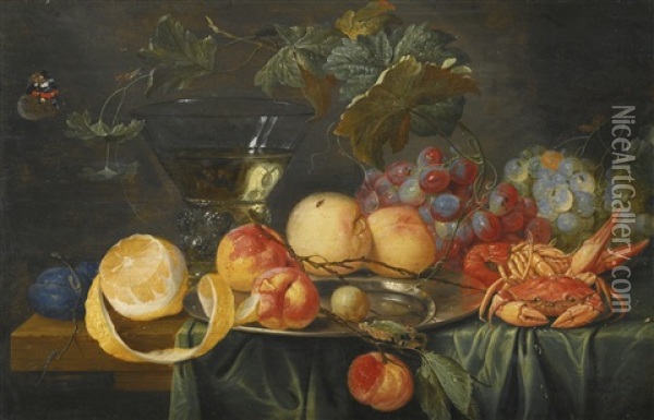 Still Life Of Peaches, Plums, Grapes And A Lemon, With A Crab, A Lobster, And A Glass Roemer, On A Partly Draped Table Oil Painting - Jan van Kessel the Elder