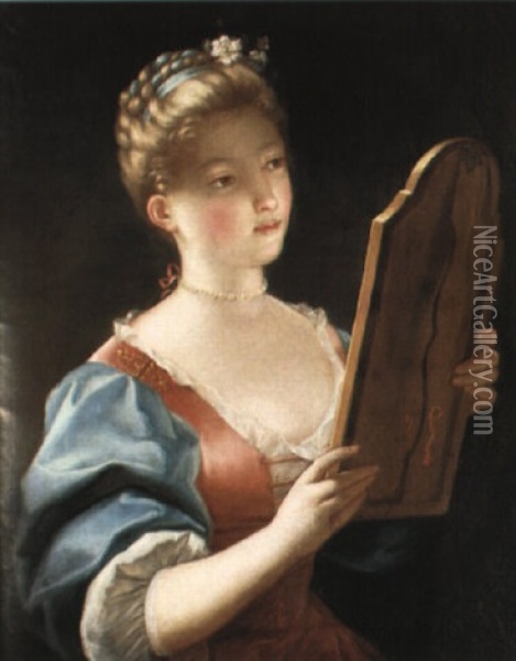 A Young Girl Looking In A Mirror Oil Painting - Jean Raoux
