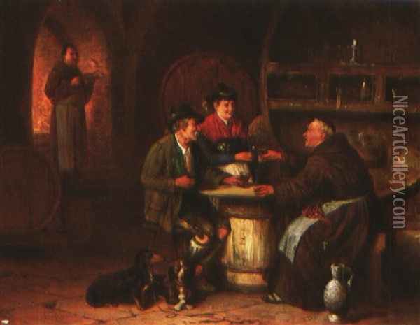 Zwei Monche Mit Bauerlichem Paar Und Zwei Hunden Im Weinkeller Oil Painting - Johann Adalbert Heine